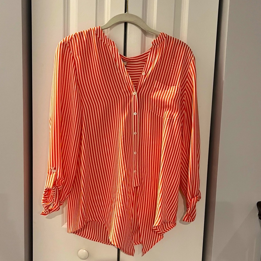 Joie Striped Orange/ree Button-Up Blouse- also ties in front